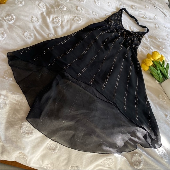 Bebe gold-studded high-low black halter party dress with chiffon overlay - Picture 8 of 14